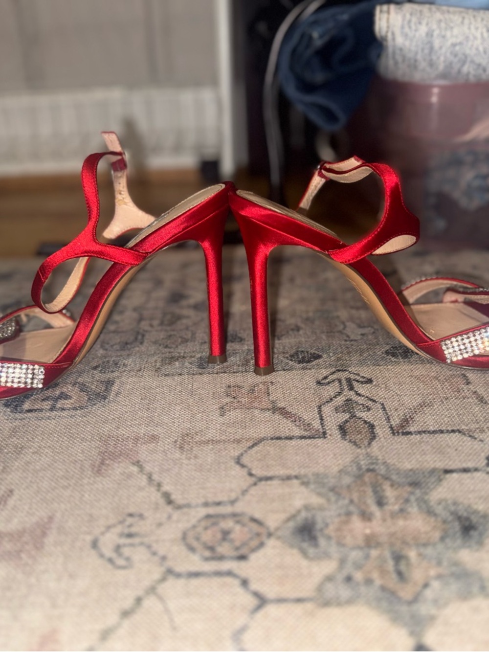 Nina Red Satin Stiletto Heels w/ Crystal Straps - Picture 4 of 5